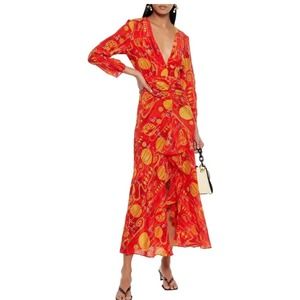 Rixo‎ Ruffled Chiffon Paneled Printed Silk Maxi Dress, Size Medium